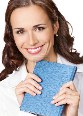Foto de Feliz mujer de negocios sonriente con bloc de notas, aislado sobre fondo blanco - Imagen libre de derechos