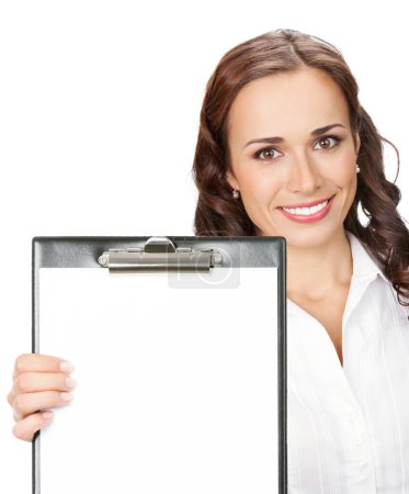 Photo for Happy smiling young business woman showing blank clipboard with copyspace for some text, advertising or slogan, isolated against white background - Royalty Free Image