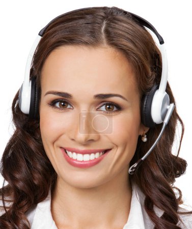 Foto de Retrato de feliz sonriente operador de soporte telefónico en auriculares, aislado sobre fondo blanco. Concepto de Call center. - Imagen libre de derechos