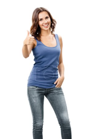 Téléchargez les photos : Portrait corporel complet d'une belle jeune femme souriante montrant les pouces vers le haut, isolée sur fond blanc - en image libre de droit