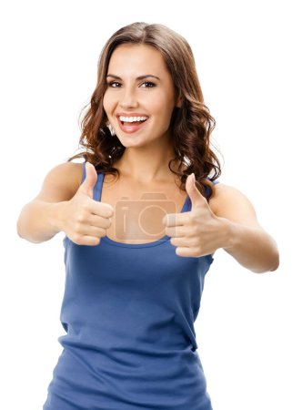 Foto de Feliz sonrisa hermosa joven mostrando los pulgares hacia arriba gesto, aislado sobre fondo blanco - Imagen libre de derechos