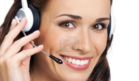 Foto de Retrato de feliz operador de teléfono de soporte alegre en auriculares, aislado sobre fondo blanco - Imagen libre de derechos