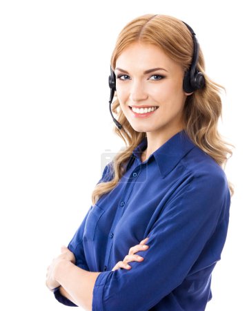 Foto de Feliz sonriente hermosa joven operador de teléfono de apoyo en auriculares, aislado sobre fondo blanco - Imagen libre de derechos