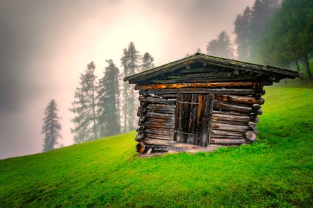 Téléchargez les photos : Foin de montagne en bois dans les Alpes Stubai avec brouillard en arrière-plan - en image libre de droit