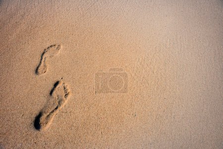 Téléchargez les photos : Empreintes humaines dans le sable sur la plage de la mer - en image libre de droit