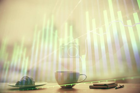 Photo for Double exposure of forex chart over coffee cup background in office. Concept of financial analysis and success. - Royalty Free Image