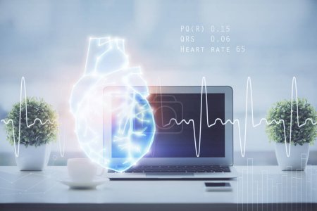 Photo for Desktop computer background and heart drawing. Double exposure. Medical study and healthcare concept. - Royalty Free Image