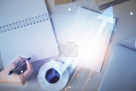 Photo for Blue arrow over woman's hands taking notes background. Concept of success. Double exposure - Royalty Free Image