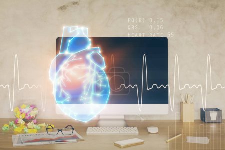 Photo for Desktop computer background and heart drawing. Double exposure. Medical study and healthcare concept. - Royalty Free Image