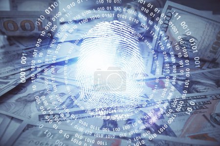 Photo for Double exposure of finger print scan drawing over usa dollars bill background. Concept of security of safe access. - Royalty Free Image