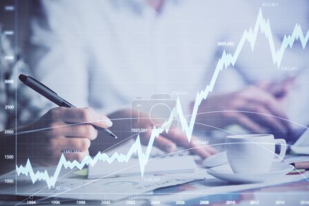 Photo for Double exposure of forex graph drawing over people taking notes background. Concept of financial analysis - Royalty Free Image