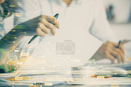 Photo for Double exposure of data theme sketch drawing over people writing background. Concept of technology - Royalty Free Image