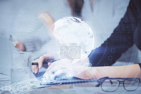 Photo for Double exposure of woman hands working on computer and world map hologram drawing. International technology business concept. - Royalty Free Image