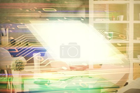 Photo for Double exposure of data theme drawing and office interior background. Concept of technology. - Royalty Free Image
