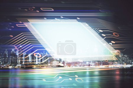 Photo for Data theme hologram drawing on city view with skyscrapers background multi exposure. Ai concept. - Royalty Free Image