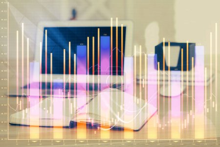 Photo for Forex market graph hologram and personal computer on background. Multi exposure. Concept of investment. - Royalty Free Image