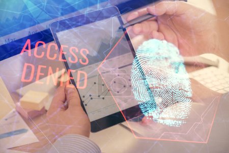 Photo for Double exposure of man's hands holding and using a digital device and fingerprint hologram drawing. Security concept. - Royalty Free Image