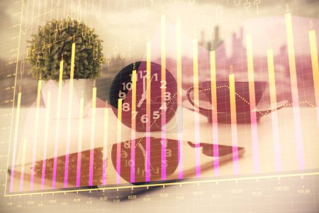 Photo for Double exposure of forex graph drawing and cell phone background. Concept of financial data analysis - Royalty Free Image