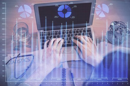 Photo for Double exposure of man's hands typing over laptop keyboard and forex chart hologram drawing. Top view. Financial markets concept. - Royalty Free Image