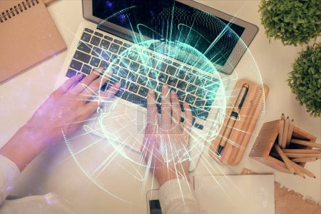 Photo for Double exposure of woman hands working on computer and financial theme hologram drawing. Top View. Business concept. - Royalty Free Image