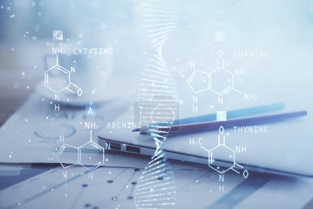 Photo for Desktop computer background and DNA drawing. Double exposure. Science concept. - Royalty Free Image