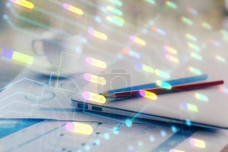Photo for Double exposure of table with computer on background and data theme hologram. Data technology concept. - Royalty Free Image