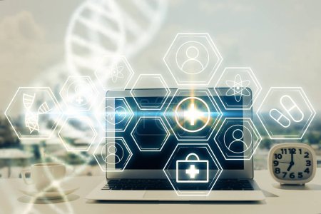 Photo for Desktop computer background and DNA drawing. Double exposure. Science concept. - Royalty Free Image