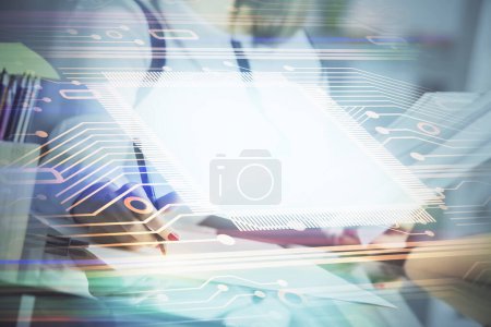 Photo for Multi exposure of woman's writing hand on background with data technology hud. Big data concept. - Royalty Free Image