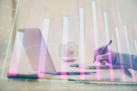 Photo for Double exposure of forex chart with man working on computer on background. Concept of market analysis. - Royalty Free Image