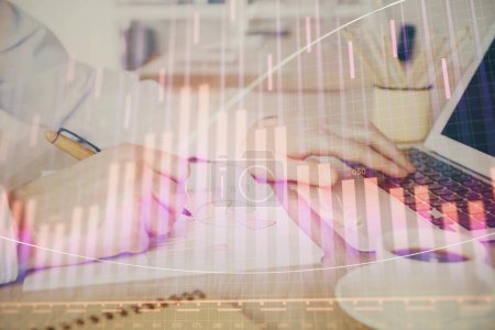 Photo for Multi exposure of stock market graph with man working on laptop on background. Concept of financial analysis. - Royalty Free Image