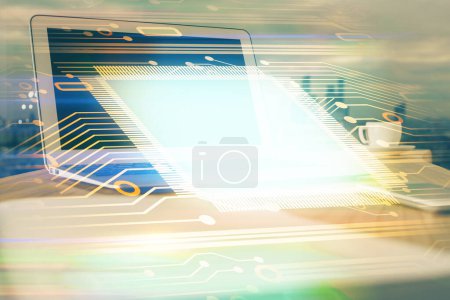 Photo for Double exposure of computer and technology theme hologram. Concept of freelance work. - Royalty Free Image
