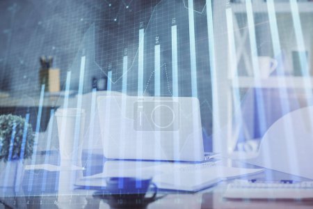 Photo for Double exposure of stock market graph drawing and office interior background. Concept of financial analysis. - Royalty Free Image