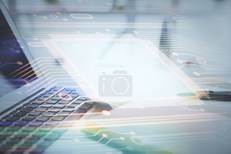 Photo for Double exposure of technology theme drawing and desktop with coffee and items on table background. Concept of data research. - Royalty Free Image