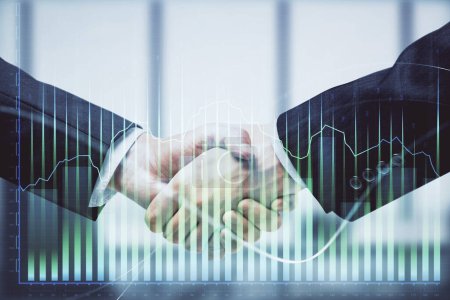 Photo for Double exposure of forex graph hologram and handshake of two men. Stock market concept. - Royalty Free Image