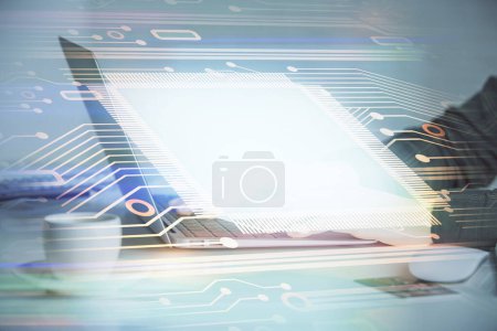 Photo for Multi exposure of woman hands working on computer and data theme hologram drawing. Tech concept. - Royalty Free Image