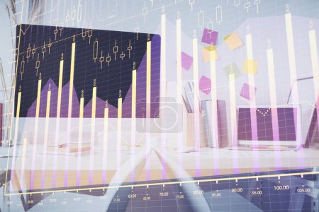 Photo for Double exposure of financial graph drawing and office interior background. Concept of stock market. - Royalty Free Image