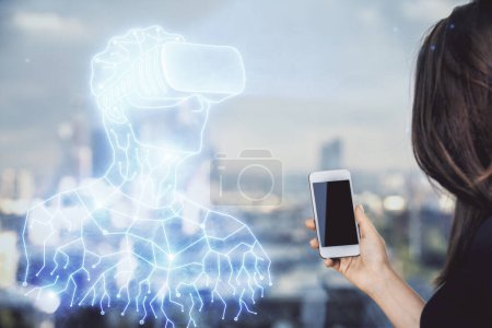 Photo for Double exposure of man in vr glasses sketch hologram and woman holding and using a mobile device. - Royalty Free Image