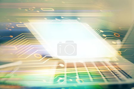 Photo for Technology theme drawing and table with computer. Double exposure. Concept of information. - Royalty Free Image