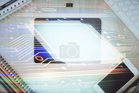 Photo for Multi exposure of technology theme drawing over work table desktop. Top view. Global data analysis concept. - Royalty Free Image