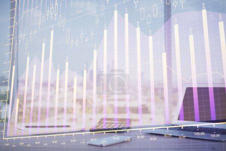 Photo for Forex graph hologram on table with computer background. Multi exposure. Concept of financial markets. - Royalty Free Image