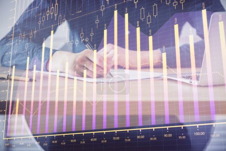 Photo for Double exposure hands with stock market chart. Concept of research and analysis. - Royalty Free Image