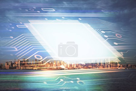 Photo for Data theme hologram drawing on city view with skyscrapers background multi exposure. Bigdata concept. - Royalty Free Image