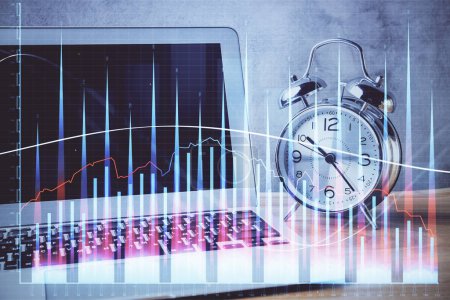 Photo for Financial chart drawing and table with computer on background. Multi exposure. Concept of international markets. - Royalty Free Image