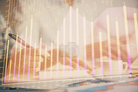 Photo for Double exposure of forex graph drawing over people taking notes background. Concept of financial analysis - Royalty Free Image