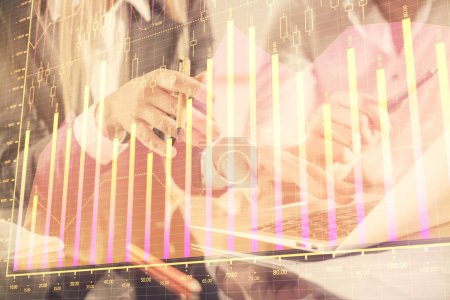 Photo for Multi exposure of man and woman working together and financial chart hologram. Business concept. Computer background. - Royalty Free Image
