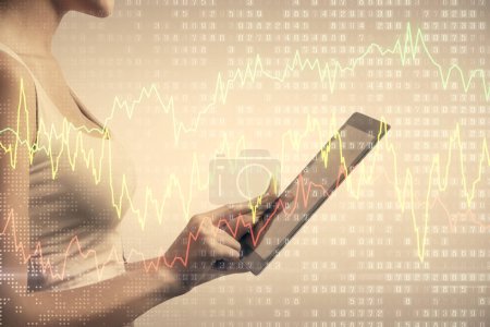 Photo for Double exposure of forex chart sketch hologram and woman holding and using a mobile device. Financial market concept. - Royalty Free Image
