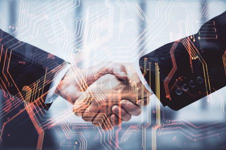 Photo for Double exposure of tech hologram and handshake of two men. Deal concept. - Royalty Free Image
