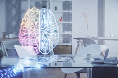 Photo for Multi exposure of brain drawing and office interior background. Concept of data technology. - Royalty Free Image
