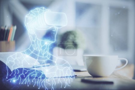 Photo for Double exposure of vr glasses drawing and desktop with coffee and items on table background. Concept of Augmented reality. - Royalty Free Image