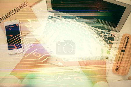 Photo for Double exposure of woman hands working on computer and data theme hologram drawing. Top View. Technology concept. - Royalty Free Image